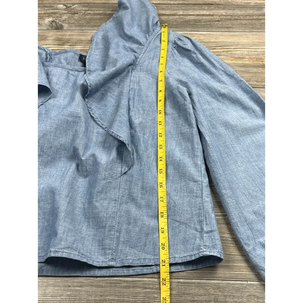 J. Crew Chambray Ruffle Square Neck Blouse XS Beach Coastal Romantic Cottagecore